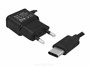 Ładowarka sieciowa wtyk USB typ C 2100mA czarna kabel 1,2m