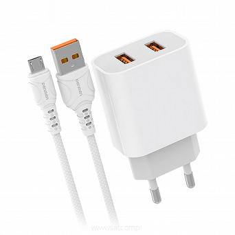 Ładowarka sieciowa 2xUSB + przewód microUSB 2400 mA