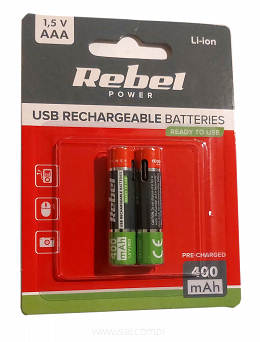 Akumulatorki REBEL AAA,400 mAh, Li-ion, 1,5V, 2szt/bl, R3, gniazdo USB typ C
