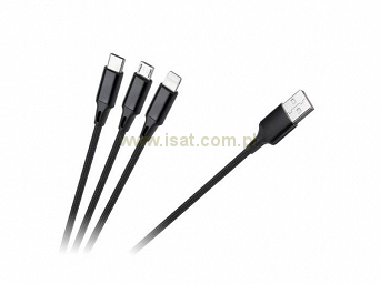 Kabel USB 3w1 1m - Micro USB, USB C, Lightning w oplocie czarny