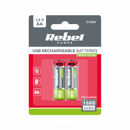 Akumulatorki REBEL AA, 1600 mAh, Li-ion,1,5V, 2szt/bl , R6 , gniazdo USB typ C