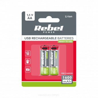 Akumulatorki REBEL AA, 1600 mAh, Li-ion,1,5V, 2szt/bl , R6 , gniazdo USB typ C